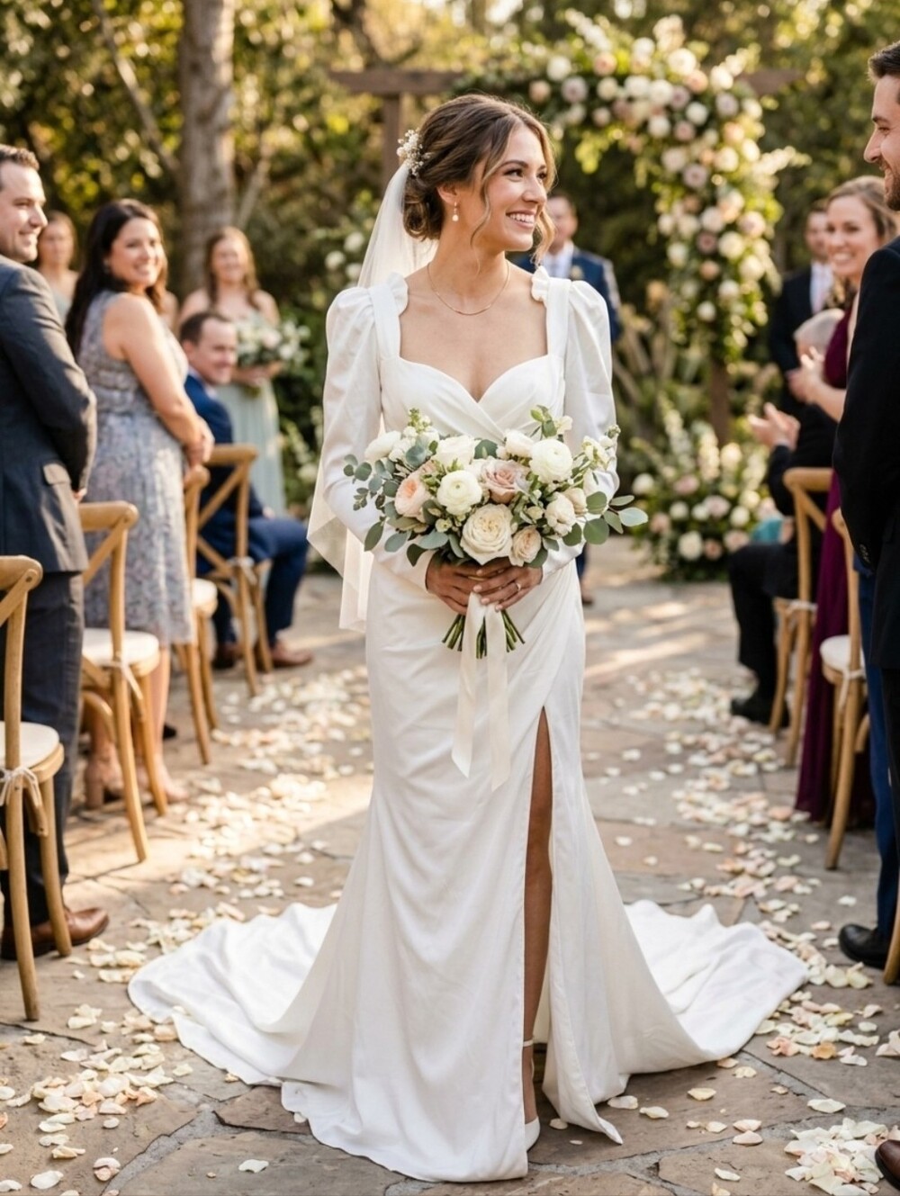 This white satin wedding dress features an elegant design with a sweetheart neck
